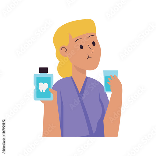 Blonde Nurse Holding Mouthwash Bottle and Glass.