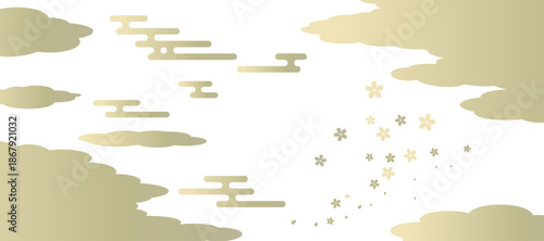雲取りとエ霞と桜の背景イラスト　和風　波紋　吉祥文様