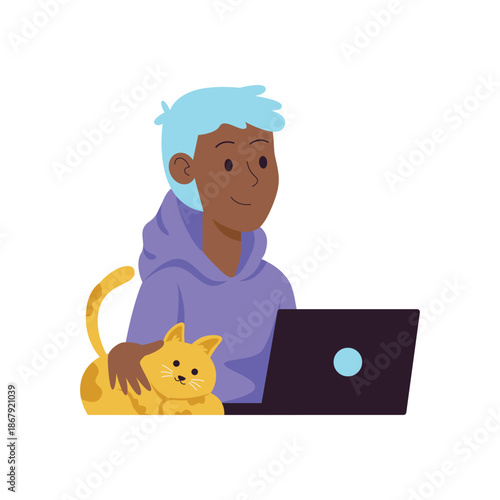 Blue Haired Person in Purple Hoodie Using Laptop with Yellow Cat.