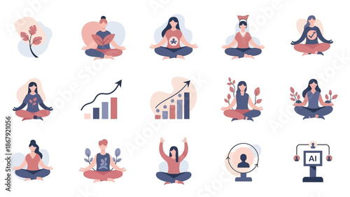 Collection of flat design icons depicting people meditating, mindfulness, and personal growth concepts.