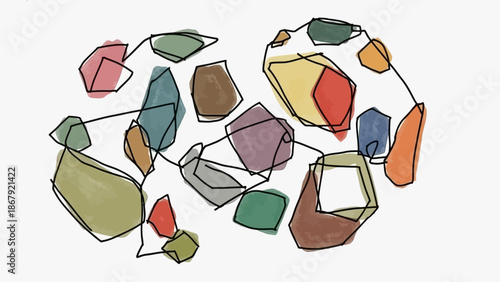 Abstract artwork featuring irregular colorful shapes connected by thin black lines on a white background, creating a modern visual composition.