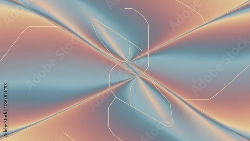 A symmetrical abstract background with iridescent blue and orange gradients and subtle geometric lines.