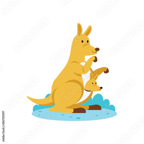 Cartoon Mother Kangaroo Carrying Baby Joey in Pouch.