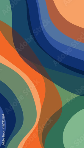 Abstract flowing wavy shapes in vibrant orange, blue, and green hues creating a dynamic and modern graphic design.