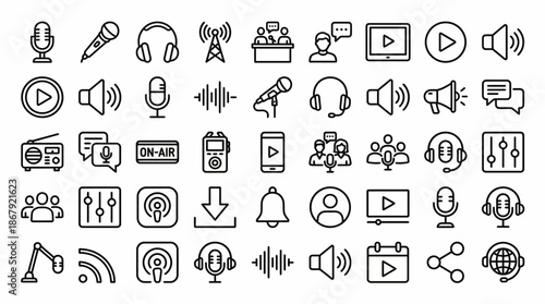 Extensive collection of tech and media icons featuring camera, microphone, headphones, video play, chat, gear, cloud, and communication symbols for UI design and branding.