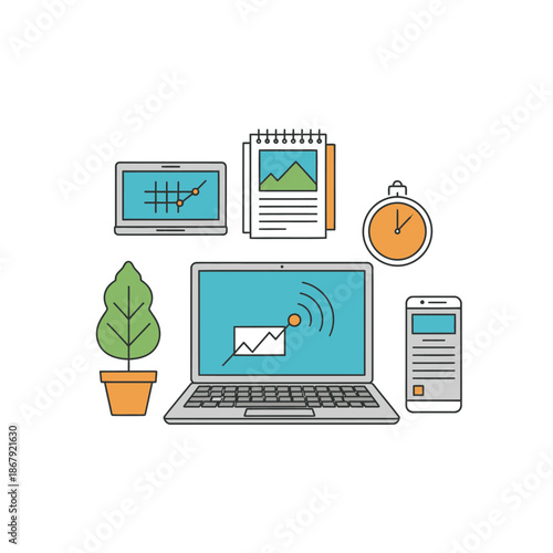 Flat design illustration of various digital devices and office items, including laptops, a smartphone, documents, a clock, and a plant, symbolizing business, technology, and data analysis.