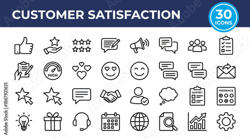 Comprehensive collection of customer satisfaction icons and UI elements, featuring thumbs up, star ratings, chat, calendar, headset, gifts, and analytics graphics for feedback and support.