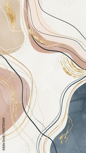 Abstract art with flowing black and gold lines, organic shapes in blush pink, beige, and muted blue, creating a modern and elegant design.