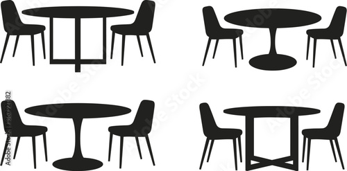 Four black furniture set arrangements with chairs and tables on transparent background silhouette