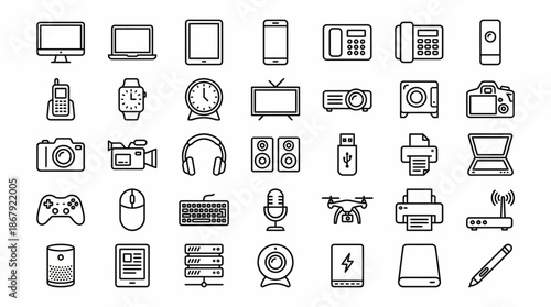 Comprehensive set of electronics and gadgets icons including smartphones, tablets, laptops, desktops, cameras, headphones and accessories - vector illustrations