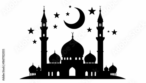 Islamic mosque silhouette with crescent moon and stars, symbol of Islamic culture and Ramadan celebration