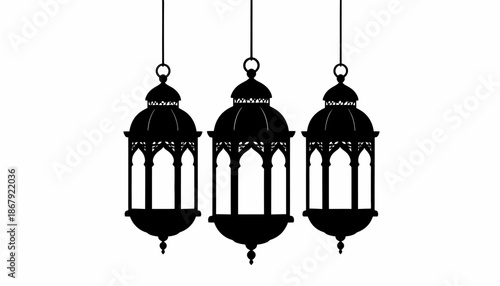Stylized black hanging lanterns symbolize celebration and tradition, casting a decorative glow for festive occasions and cultural events with their intricate design