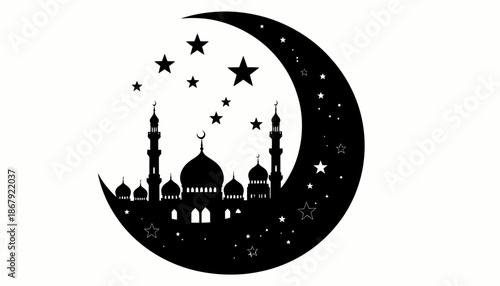 Elegant black silhouette graphic featuring a majestic mosque within a radiant crescent moon, adorned with sparkling stars, symbolizing Islamic faith, peace, and cultural celebration