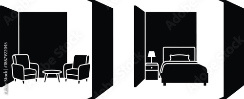 Interior room design layouts showcasing furniture arrangements on transparent background silhouette
