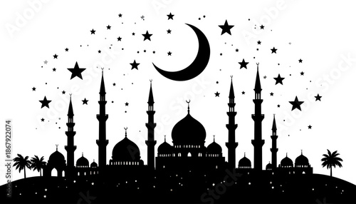 Islamic mosque silhouette with crescent moon and stars, symbolizing Ramadan and Eid celebrations