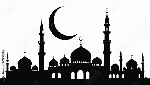 Silhouette of a Mosque with Crescent Moon Symbolizing Islamic Culture and Faith