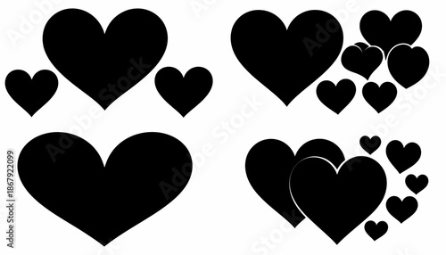 Collection of black heart shapes in various sizes and arrangements, representing love and affection