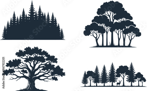 Variety of forest tree silhouettes against a blank background on transparent background