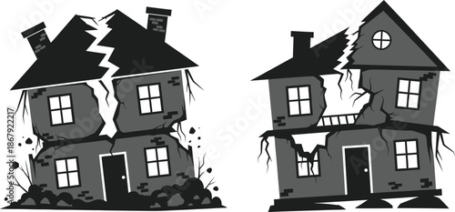 Creepy haunted houses illustration with cracks and debris on transparent background silhouette