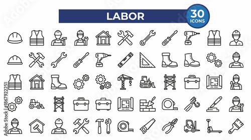 Collection of labor and construction icons: safety gear, tools, machinery and industry symbols in line art style.