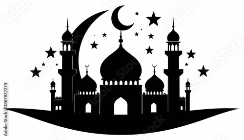 Illustrative Silhouette of a Mosque with Crescent Moon and Stars, Celebrating Islamic Culture and Ramadan Traditions