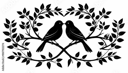 A silhouette of two birds perched on intertwined branches of a tree with leaves, symbolizing love and nature