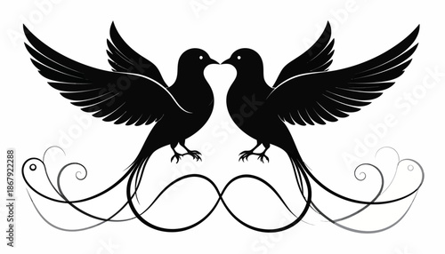 Elegant black silhouette of two graceful birds, wings spread, connected by decorative swirling lines, symbolizing unity, love, and serene harmony