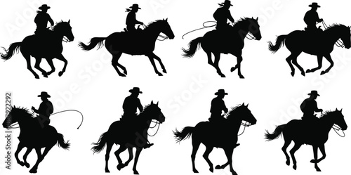 Collection of cowboy silhouettes riding horses in various poses on transparent background