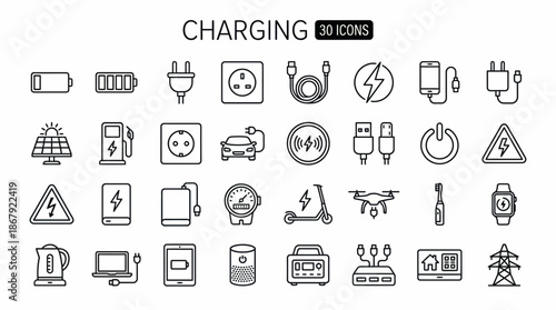 Collection of 80 clean line charging icons - power, battery, energy and electrical devices in a versatile icon set.