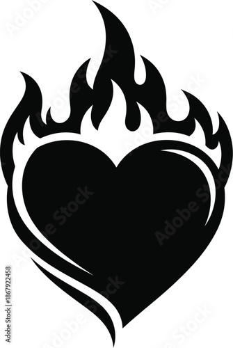 Black heart flame design element with swirling details on transparent background silhouette