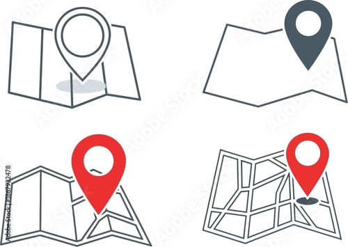 Four map marker icons in varying styles on transparent background silhouette