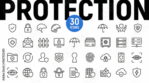 Comprehensive 30-icon protection set: line-style security, privacy, and safety symbols for UI design, apps, dashboards, and digital protection projects