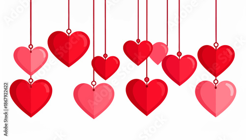 A collection of hanging heart-shaped ornaments in various shades of pink and red, perfect for celebrating love and relationships