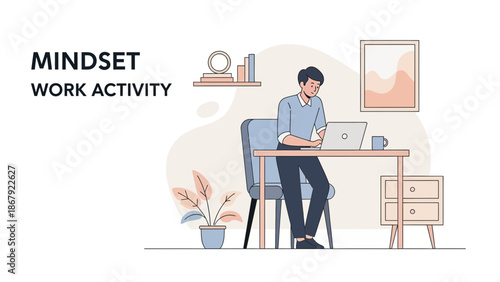 Man working on laptop at desk, modern office, focused mindset, business activity concept