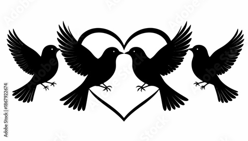 Four elegant birds in silhouette forming a heart shape with their beaks, symbolizing love and peace