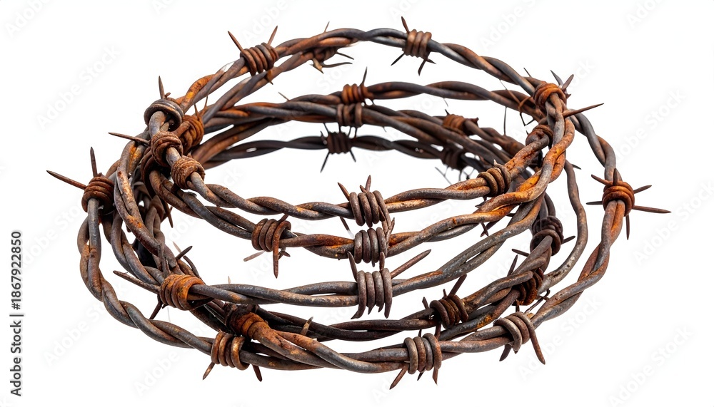 Fototapeta premium Coiled, rusty strands of barbed wire, sharp spikes facing outwards