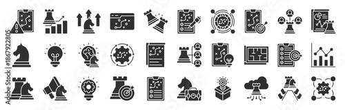 Types of Strategy glyph style editable icon set collection. icons related to business and strategic management : Business, Operational, and more. Editable icon set. Vector illustration