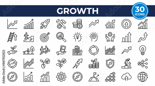 Growth concept with charts, graphs, and business icons representing analytics, strategy, and progress