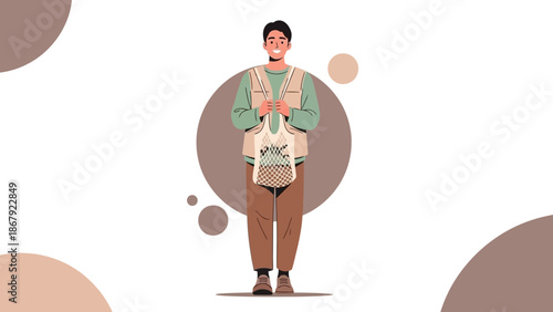 Man with Shopping Bag, Sustainable Lifestyle, Eco-Friendly Shopping, Minimalist Illustration