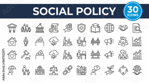 Comprehensive set of social policy icons illustrating welfare, healthcare, education, housing, employment and public services for visual policy graphics and infographics.