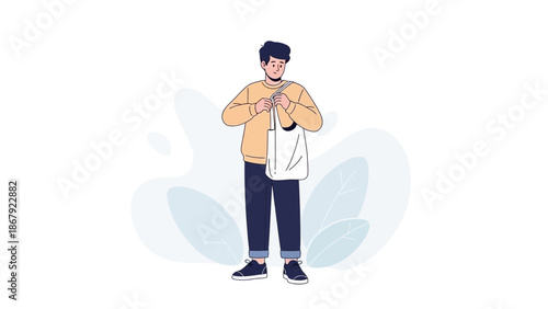 Man with tote bag, reusable shopping bag, eco-friendly lifestyle, illustration