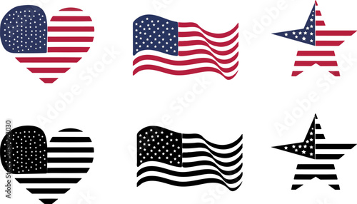 American Flag Icons in Heart and Star Shapes for Patriotic Designs