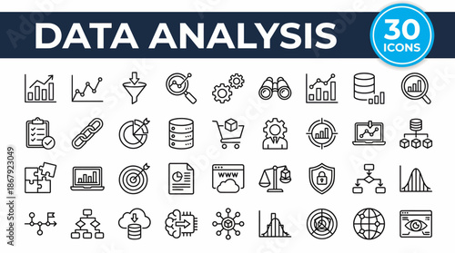 Comprehensive data analysis icon set for data visualization, analytics, BI dashboards, and data science workflows