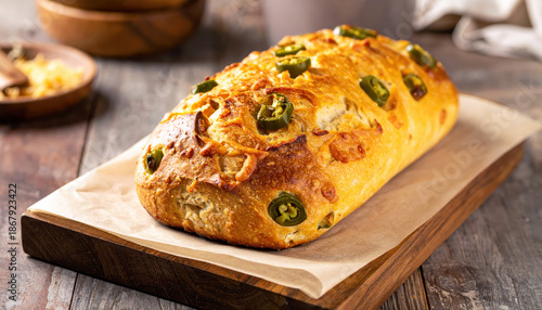 Golden loaf of sourdough bread with cheddar and jalapeno on rustic wooden board