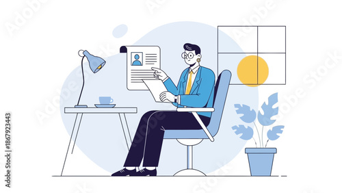 Man working at desk reviewing resume, office interior, career development concept