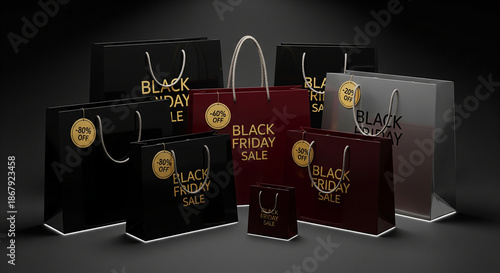 Collection of black friday sale shopping bags in black, red, and gray with gold lettering and logos on a dark background