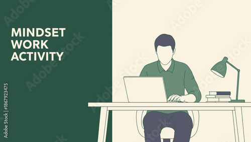 Man working at desk with laptop, lamp, and books, focused mindset for activity