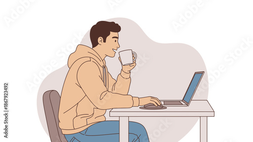 Man working on laptop and drinking coffee, relaxed lifestyle, remote work concept