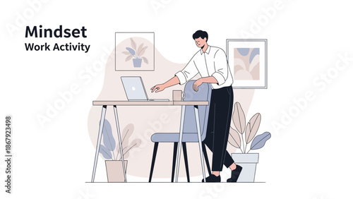 Man working at desk, modern office, focused mindset, laptop and plants