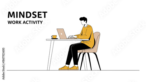 Man working on laptop at desk, coffee cup, focused mindset, illustration